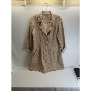 Flax Woven Linen Beige/Tan Long Lagenlook Blazer Coat Button Up w/ Pockets Small